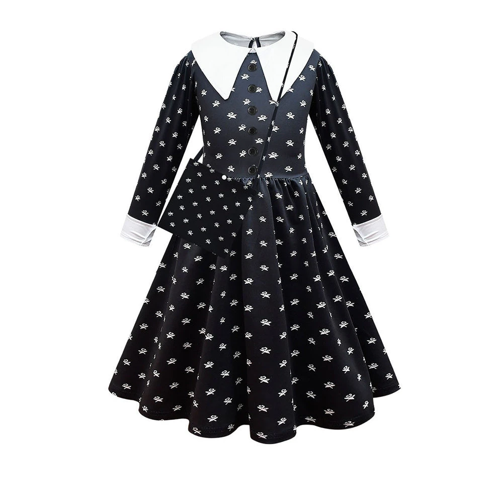 Enfant Wednesday Addams Robe Perruque Cosplay Costume Carnaval 6 Enfant Wednesday Addams Robe Perruque Cosplay Costume Carnaval – Image 4